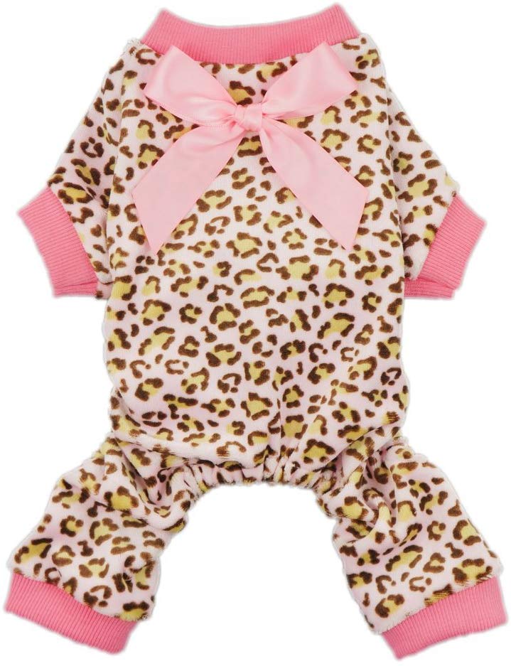 Fitwarm Leopard Print Velvet Pet Dog Jumpsuit with Ribbon