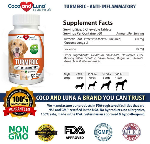 Vita Pet Life Turmeric for Dogs - Curcumin and BioPerine Anti Inflammatory Supplement, Antioxidant, Promotes Pain Relief, Prevents Joint Pain and Inflammation - 120 Natural Chew-able Tablets