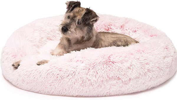 Friends Forever Donut Cat Bed, Faux Fur Dog Beds for Medium Small Dogs - Self Warming Indoor Round Pillow Cuddler Pink & Tan