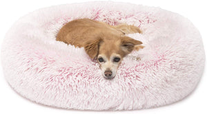 Friends Forever Donut Cat Bed, Faux Fur Dog Beds for Medium Small Dogs - Self Warming Indoor Round Pillow Cuddler Pink & Tan