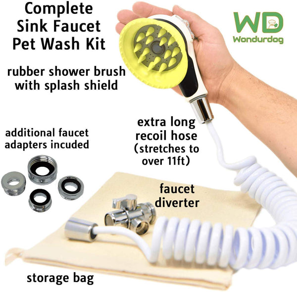 Wondurdog Quality Sink Faucet Pet Wash Kit | Innovative Shower Brush w/Splash Shield | 11 ft Recoil Hose & Metal Faucet Diverter | Kitchen, Bathroom, Utility, Laundry Sink | Faucet Adapters Included