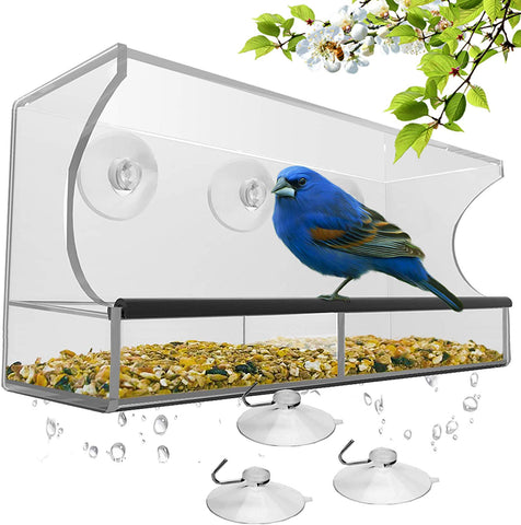 Window Bird Feeder with Strong Suction Cups and Seed Tray, Outdoor Birdfeeders for Wild Birds, Finch, Cardinal, and Bluebird. Large Outside Hanging Birdhouse Kits, Drain Holes, 3 Extra Suction Cups