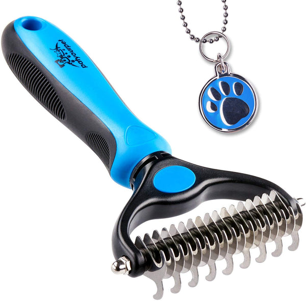 Pet Grooming Tool - 2 Sided Undercoat Rake for Cats & Dogs - Safe Dematting Comb for Easy Mats & Tangles Removing - No More Nasty Shedding and Flying Hair