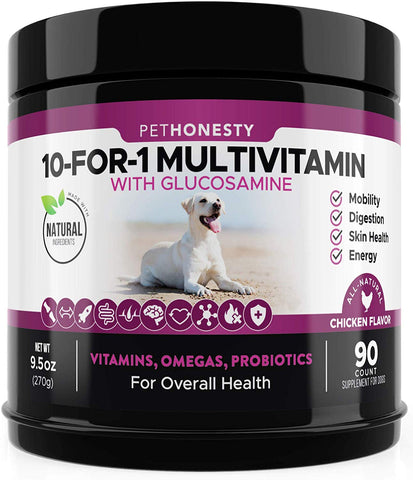 10 in 1 Dog Multivitamin with Glucosamine - Essential Dog Vitamins with Glucosamine Chondroitin, Probiotics and Omega Fish Oil for Dogs Overall Health - glucosamine for dogs joint supplement heart