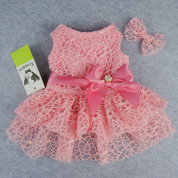 Fitwarm Luxury Pink Lace Dog Tutu Dress Pet Wedding Clothes Shirts + Matching Hair Clip, Pink