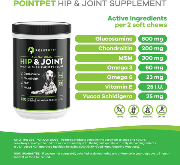 POINTPET Glucosamine for Dogs, Premium Joint Supplement with Chondroitin, MSM, Omega 3, 6, Vitamin C and E, Supports Healthy Joints, Improves Mobility and Hip Dysplasia, Arthritis Pain Relief