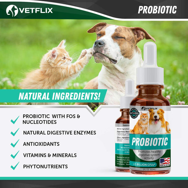 VETFLIX Probiotics for Dogs & Cats - Digestive Pet Enzymes - Made in USA - L.Rhamnosus & B.Lactis - Relieves Dog Diarrhea & Vomiting - Optimizes Pet Immune System - Enhances Overall Health