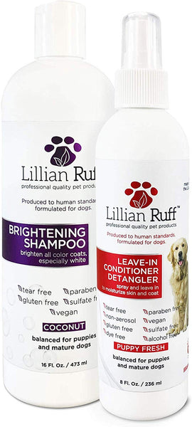 Lillian Ruff Brightening & Whitening Shampoo for Dogs – Safe for Cats - Tear Free Coconut Scent with Aloe for Normal, Dry & Sensitive Skin – Adds Shine & Luster to Coats