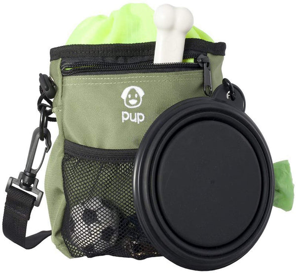 Pup Pouch Nookoo Large Dog Walking Training Treat Bag w/Collapsible Water Bowl - Built-in Waste Bag Dispenser - Carries Phone, Toys, Kibble, Treats - 3 Ways to Wear - Olive Green