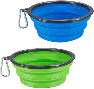 COMSUN 2-Pack Extra Large Size Collapsible Dog Bowl, Food Grade Silicone BPA Free, Foldable Expandable Cup Dish for Pet Cat Food Water Feeding Portable Travel Bowl Blue and Green Free Carabiner