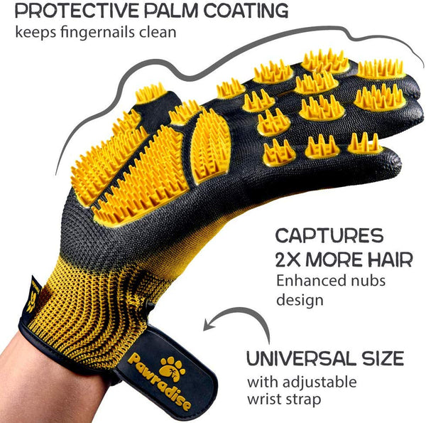 Pet Grooming and Bathing Gloves - Effective Pet Hair Remover for Cats, Dogs & Horses - Long & Short Fur - Enhanced Nubs Design Captures 2X More Hair