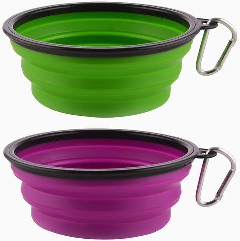 Guardians Large Collapsible Dog Bowls, 34oz Portable Foldable Water Bowls Food Dishes with Carabiner Clip for Travel, 2 Pack (Purple+Green)