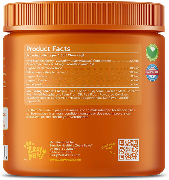 Zesty Paws Cranberry for Dogs - UT Incontinence Support + Immune Health Dog Antioxidant - Urinary Tract UTI & Kidney + Bladder Support - D-Mannose + Organic Marshmallow & Licorice