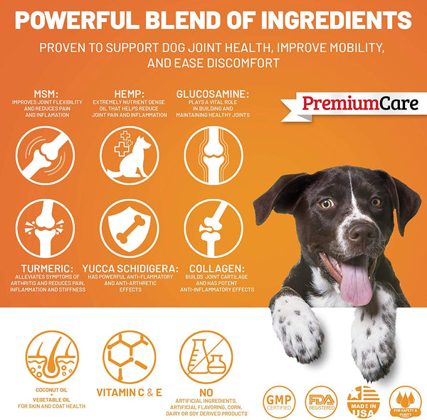 PREMIUM CARE Glucosamine for Dogs with Organic Hemp - Advanced Hemp Hip & Joint Supplement for Dogs - Supports Healthy Joint Function and Helps with Pain Relief - 120 Count Made in USA