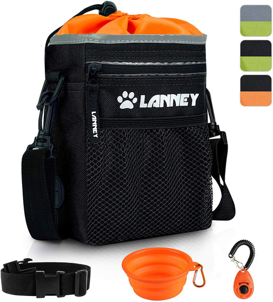 LANNEY Dog Treat Pouch Pet Training Bag for Small to Large Dogs, Treat Tote Carry Kibble Snacks Toys for Training Reward Walking, Metal Clip, Waist Belt, Shoulder Strap, Poop Bag Dispenser