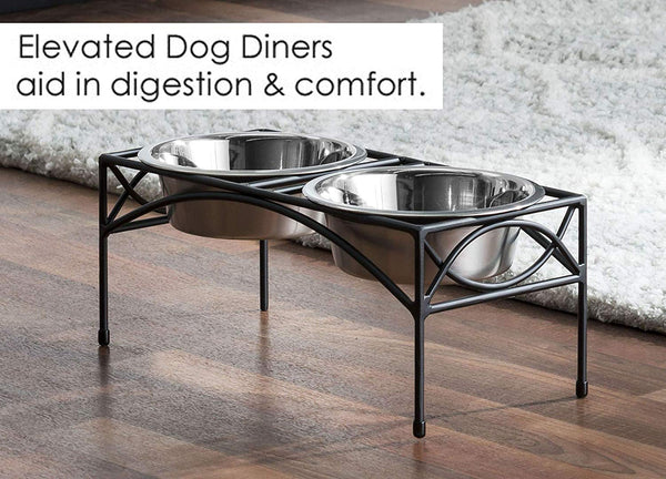 Regal Double Bowl Elevated Diner - 12" Tall - Raised Dog Feeder - Black - Big, Large, XL Dog Breeds - Pet Feeding Station, Food/Water Bowls - Metal/Steel - NMN Designs