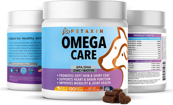 Petaxin Omega Fish Oil for Dogs - Skin and Coat Supplement Chews with EPA, DHA, and Omega-3 Fatty Acids - for Shiny Coats, Itch Free Skin, Hip & Joint Support, Heart & Brain Health - 120 Soft Chews