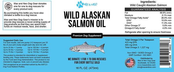 Max and Neo 100% Pure Wild Caught Alaskan Salmon Oil for Dogs and Cats - We Donate One for One to Dog Rescues for Every Bottle Sold