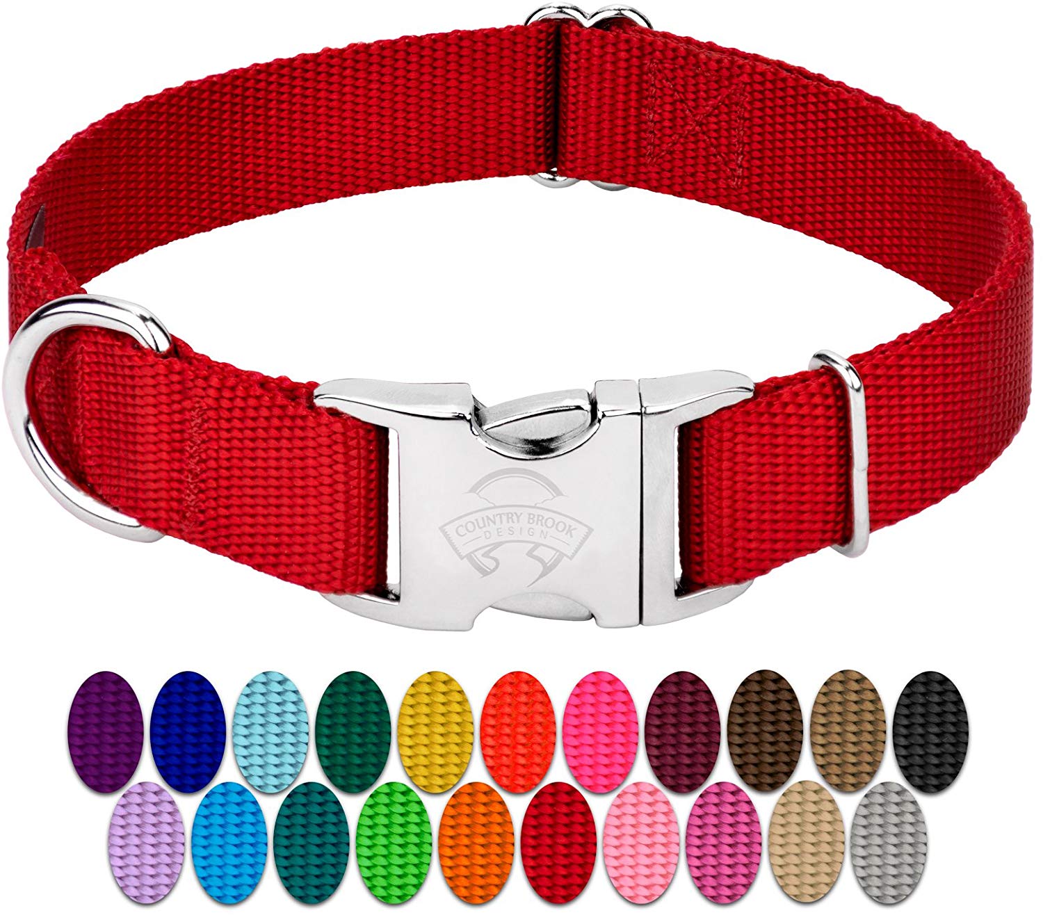 Country Brook Petz - Premium Nylon Dog Collar with Metal Buckle - Vibrant 25 Color Selection