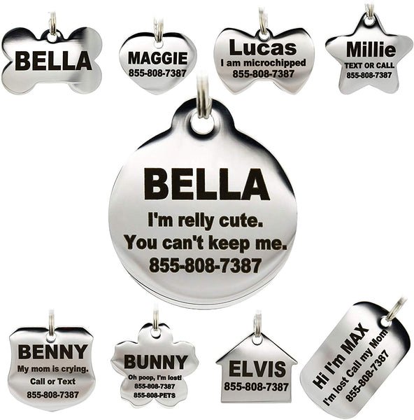 Stainless Steel Pet ID Tags - Engraved Personalized Dog Tags, Cat Tags Front & Back up to 8 Lines of Text – Bone, Round, Heart, Flower, Badge, House, Star, Rectangle, Bow Tie