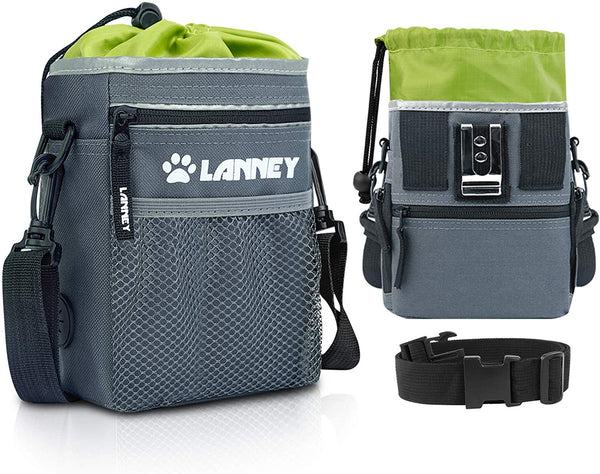 LANNEY Dog Treat Pouch Pet Training Bag for Small to Large Dogs, Treat Tote Carry Kibble Snacks Toys for Training Reward Walking, Metal Clip, Waist Belt, Shoulder Strap, Poop Bag Dispenser