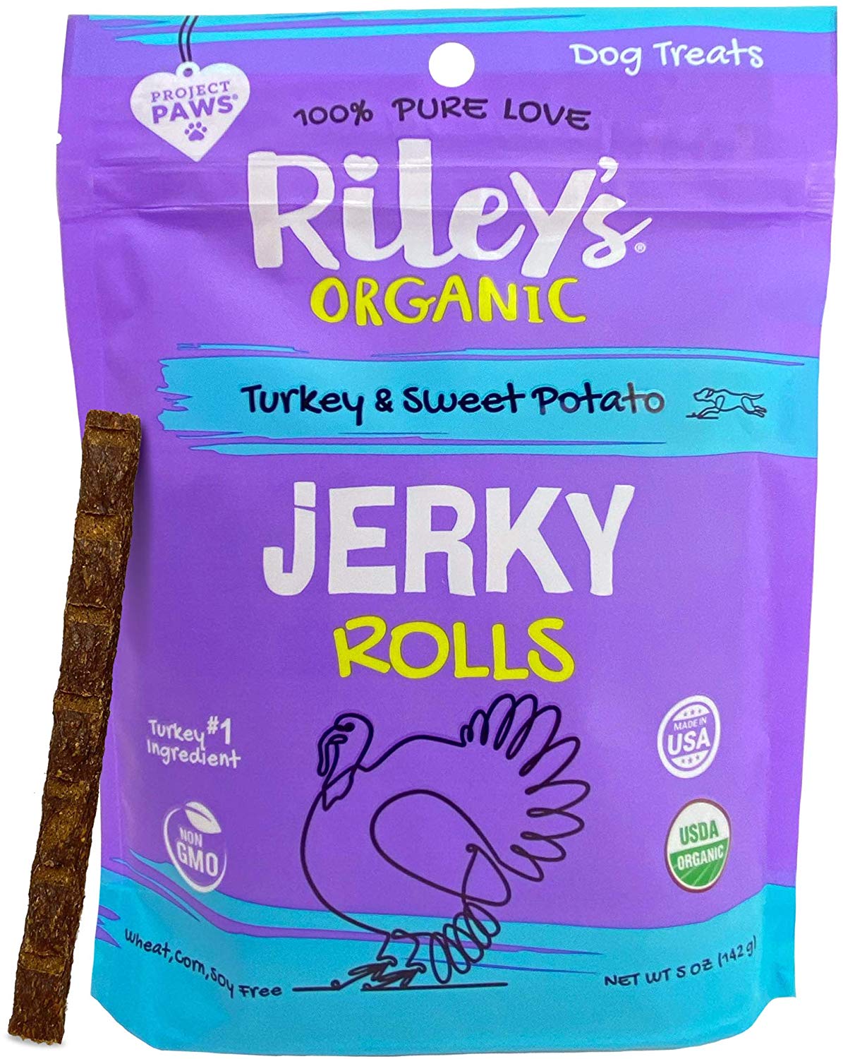 Riley's Organic Dog Jerky Treats - Dog Training Treats Made in USA - Turkey & Sweet Potato - Soft Jerky Treats for Dogs - Easy Snap for Any Size Dog