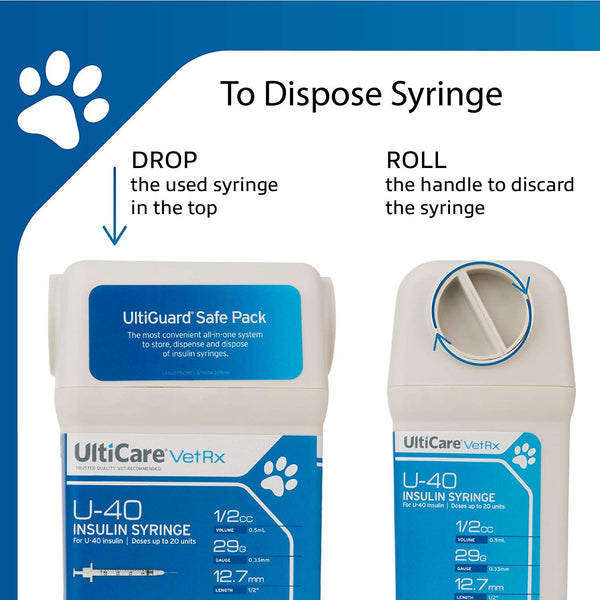 UltiCare VetRx U-40 UltiGuard Safe Pack Pet Insulin Syringes 1\/2cc, 29G x 1\/2", 100ct