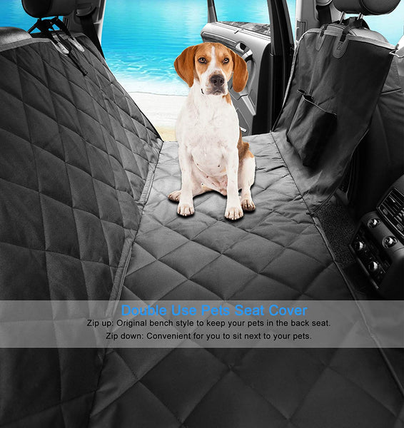 Dog Seat Covers, 600D Waterproof Pet Car Seat Covers with 2 Dog Seat Belts & Zipper & Pocket - Nonslip Back Seat Cover Cat Dog Hammock Convertible Extra Side Flaps Best for Cars Trucks Suvs