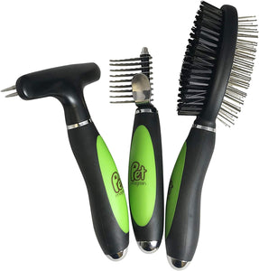 Pet Magasin Professional Grooming Brushes (Pack of 3) Double Sided Brush, Long Tooth Undercoat Dog Rake & De-Matting Comb for Dogs, Cats & Other Animals, Green & Black (DogBrushesTop)