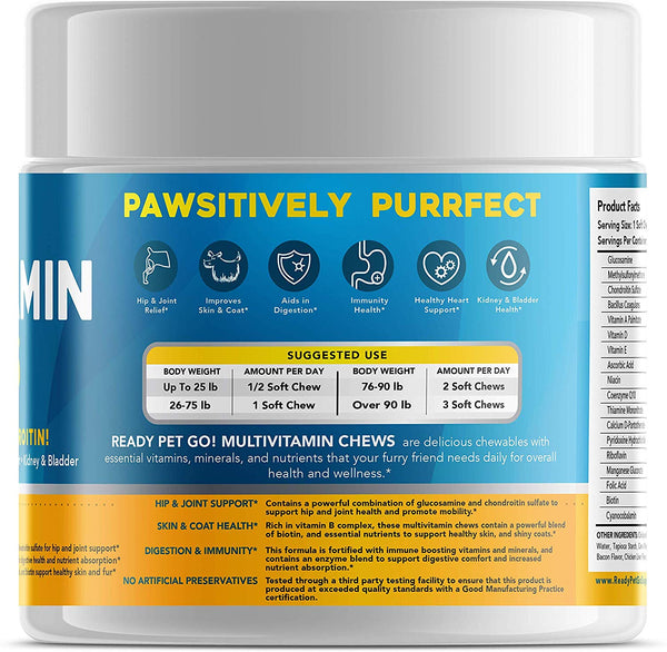 Ready Pet Go! Dog Multivitamin Treats for Dogs - Glucosamine for Dogs + Probiotics for Dogs + Heart, Immune, Skin and Coat, Hip and Joint Dog Vitamins and Supplements - 6-in-1 Benefits - 90 Soft Chews