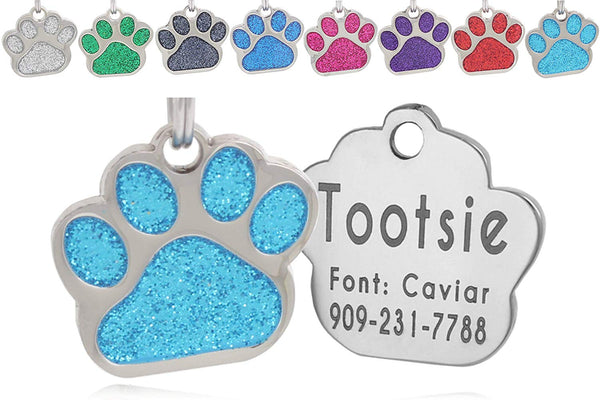 io tags Pet ID Tags, Personalized Dog Tags and Cat Tags, Custom Engraved, Easy to Read, Cute Glitter Paw Pet Tag