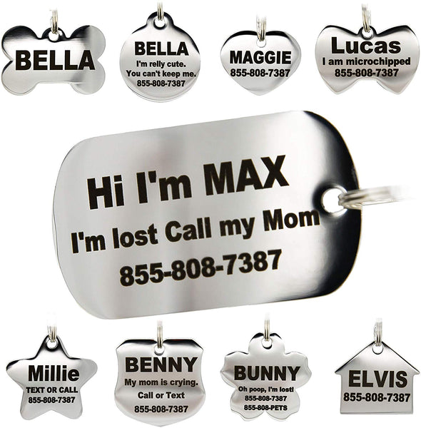 Stainless Steel Pet ID Tags - Engraved Personalized Dog Tags, Cat Tags Front & Back up to 8 Lines of Text – Bone, Round, Heart, Flower, Badge, House, Star, Rectangle, Bow Tie