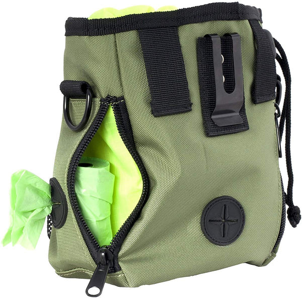 Pup Pouch Nookoo Large Dog Walking Training Treat Bag w/Collapsible Water Bowl - Built-in Waste Bag Dispenser - Carries Phone, Toys, Kibble, Treats - 3 Ways to Wear - Olive Green