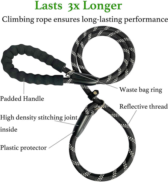 iYoShop 6FT Extremely Durable Slip Dog Rope Training Leash with Comfortable Padded Handle and Highly Reflective Threads Quality Slip Lead for Small Medium and Large Dogs, Black, Medium Large (6 FT)