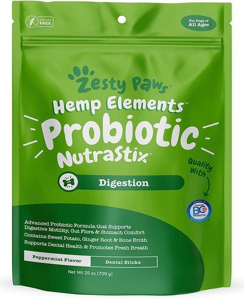 Zesty Paws Probiotic Dental Sticks for Dogs - with Hemp, Sweet Potato, Bone Broth & Ginger - Dog Teeth Cleaning & Tartar Control Treats with Digestive Probiotics - Helps with Gas, Bloating & Diarrhea