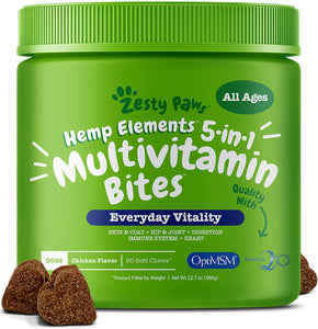 Zesty Paws Multivitamin for Dogs with Hemp - Glucosamine Chondroitin + MSM for Hip & Joint Health - Digestive Enzymes & Probiotics for Digestion - Vitamins & Omega 3 for Skin & Coat + Heart & Immune