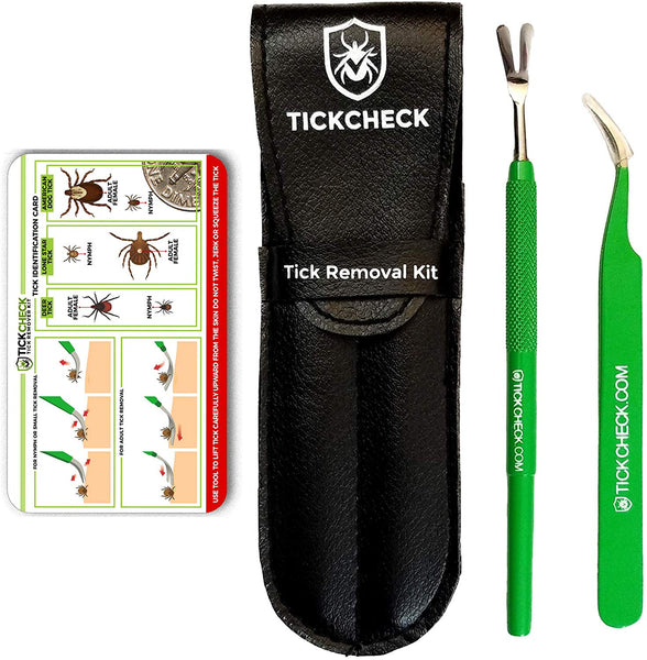 TickCheck Premium Tick Remover Kit - Stainless Steel Tick Remover + Tweezers, Leather Case Free Pocket Tick Identification Card