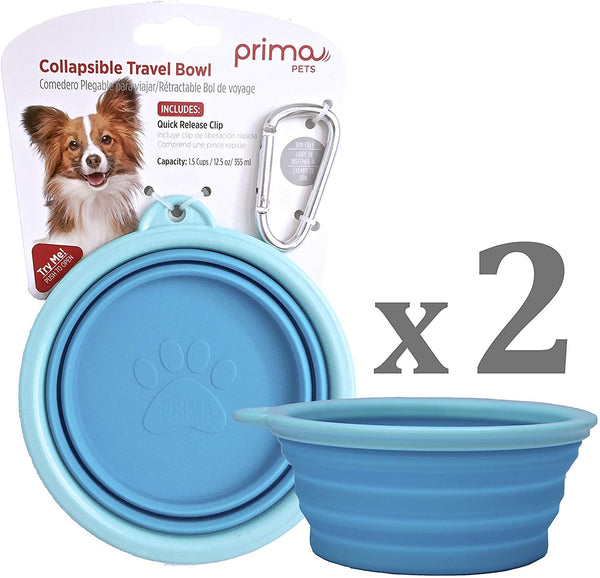 Prima Pets Collapsible Silicone Food & Water Travel Bowl with Clip for Dog and Cat, Small (1.5 Cups) & Large (5 Cups)