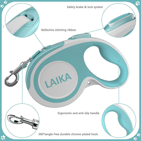 LAIKA Retractable Dog Leash with Waste Bag Dispenser, Tangle-Free 16ft Heavy Duty Durable Dog Walking Leash for Medium Large Breed Dogs Up to 110lbs - Reflective Stitching Nylon Ribbon