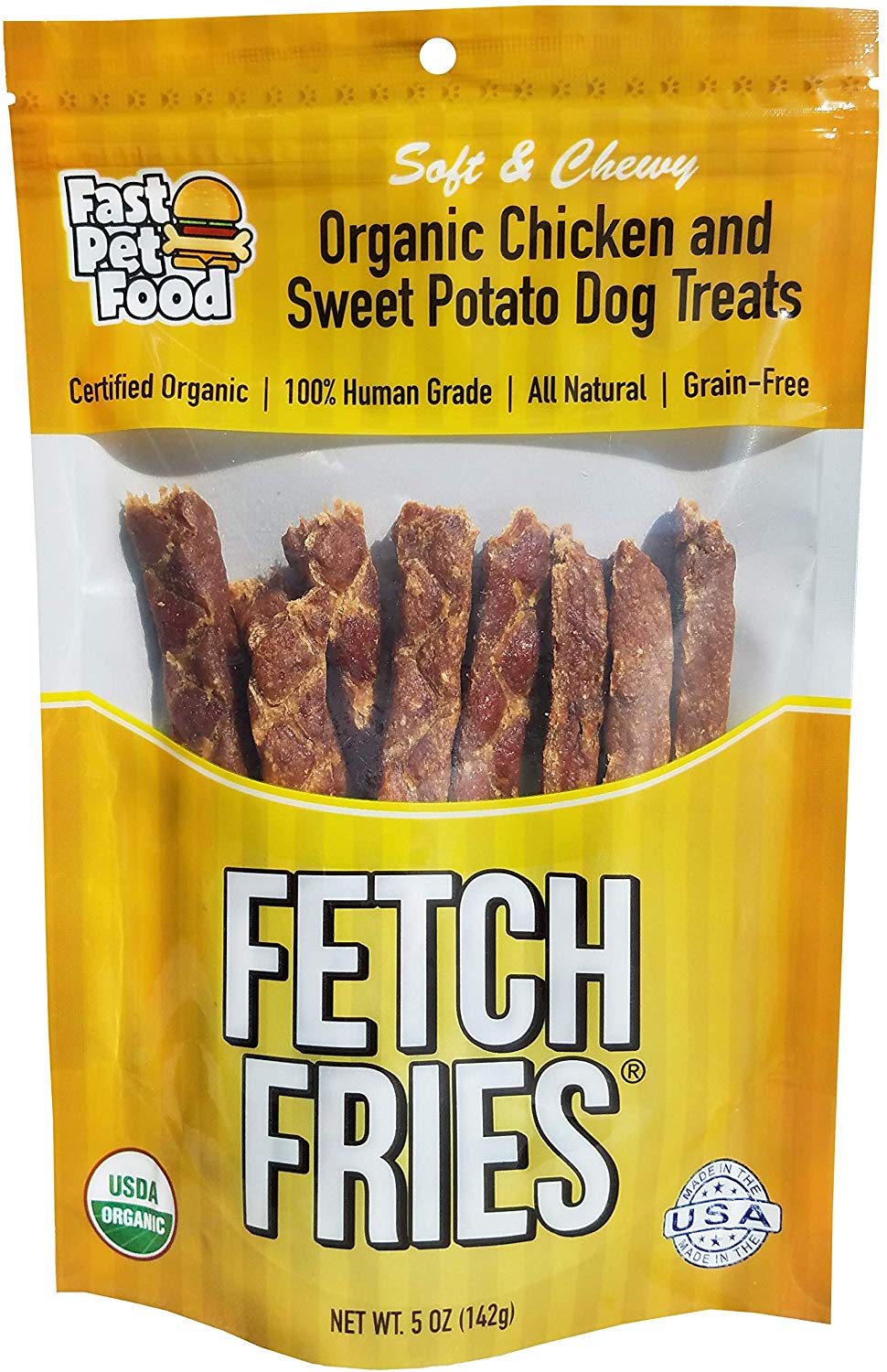 fetch fries Organic Dog Treats - USDA Certified Organic, Chicken & Sweet Potato, Made in USA, Human Grade, Grain Free, Soft and Chewy (5 oz)