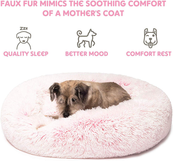 Friends Forever Donut Cat Bed, Faux Fur Dog Beds for Medium Small Dogs - Self Warming Indoor Round Pillow Cuddler Pink & Tan