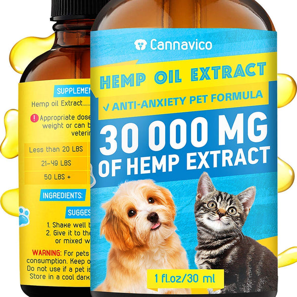 CANNAVICO Hemp Oil Dogs Cats - 30 000 mg - Pet Separation Anxiety, Joint Pain, Seizures, Chronic Pains, Anti-Inflammatory, Stress Relief- Calming Drops - Omega 3, 6, 9