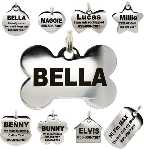 Stainless Steel Pet ID Tags - Engraved Personalized Dog Tags, Cat Tags Front & Back up to 8 Lines of Text – Bone, Round, Heart, Flower, Badge, House, Star, Rectangle, Bow Tie