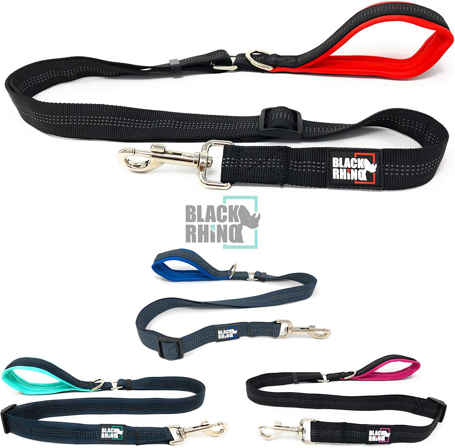 Black Rhino – Dog Leash Adjustable Length (3-5 Feet) with Soft Neoprene Padded Handle | Heavy Duty Lead for Easy Control | Small Medium Large Breeds | Reflective Stitching