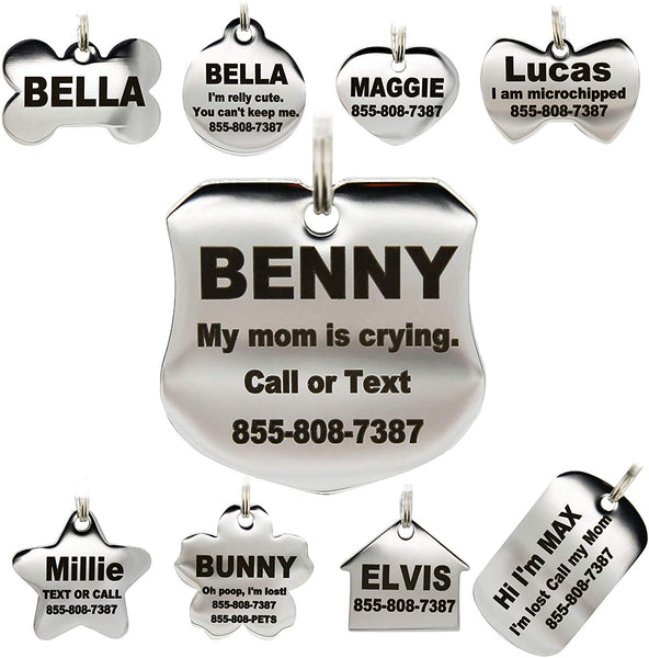 Stainless Steel Pet ID Tags - Engraved Personalized Dog Tags, Cat Tags Front & Back up to 8 Lines of Text – Bone, Round, Heart, Flower, Badge, House, Star, Rectangle, Bow Tie