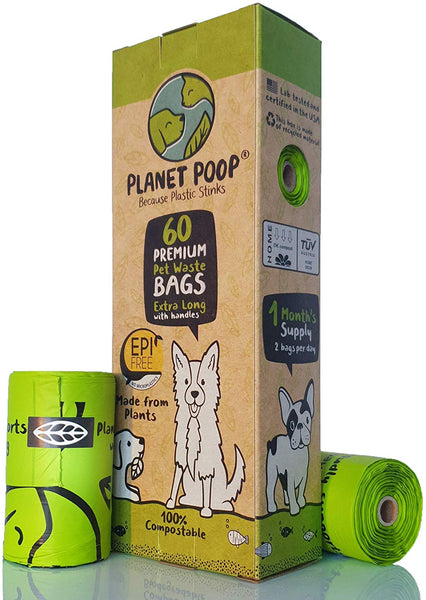 Compostable Dog Poop Bags, Plant-Based Poop Bags for Dogs, Unscented Extra-Long with Handles 9 x 16 Inches Thick Leak Proof Doggy Waste Bag Refills Highest USA Rated D6400 Supports Doggie & Pet Rescue