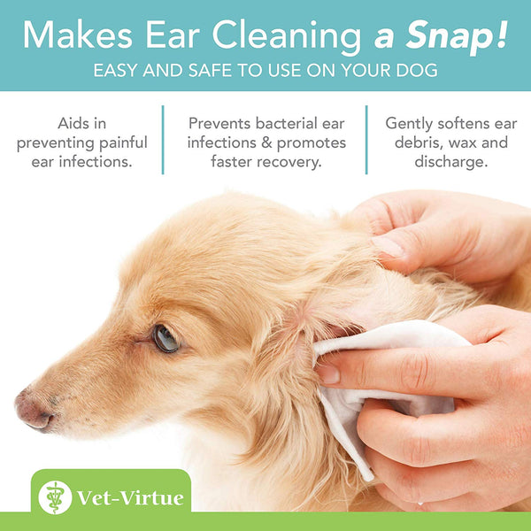 VET-VIRTUE Dog Ear Cleaner Wipes - Fragrance Free Ear Infection Treatment for Dogs, Halt Yeast, Mites and Itching, Large Soft Cotton Ear Wipes for Dogs