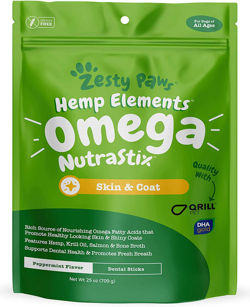 Omega 3 Dental Sticks for Dogs - With Hemp, Salmon, Krill Oil & Bone Broth - Anti Itch Skin & Coat Care + Hip & Joint Health - Heart & Immune System Support - Dog Tartar Teeth Cleaning Treats