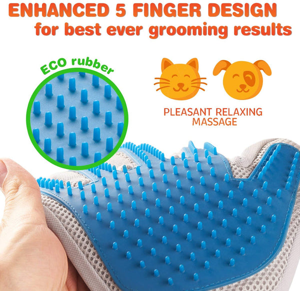 Pet Grooming Glove - Enhanced Five Finger Design - for Cats, Dogs and Horses - Long & Short Fur - Gentle De-Shedding Brush - Your Pet Will Love It