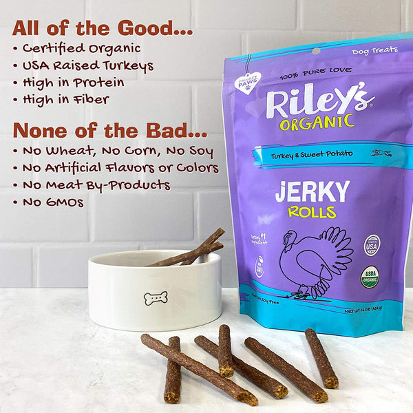 Riley's Organic Dog Jerky Treats - Dog Training Treats Made in USA - Turkey & Sweet Potato - Soft Jerky Treats for Dogs - Easy Snap for Any Size Dog